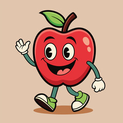 Groovy apple mascot. Funky retro character. cartoon apple, smiling, walking. Funny vintage trendy style character. Doodle Comic collection 