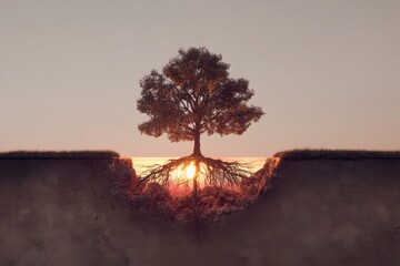 A sunrise behind a tree with visible root system exposed, half-above half-below earth, stylized cutaway composition