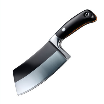Professional butcher cleaver knife with sharp wide stainless steel blade and black handle isolated on transparent background. isolated white background