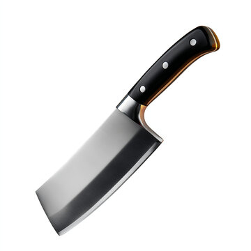 Professional butcher cleaver knife with sharp wide stainless steel blade and black handle isolated on transparent background. isolated white background