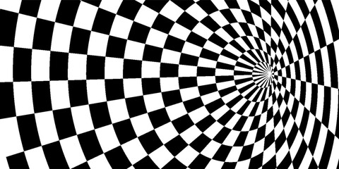 Abstract Black and White Optical Illusion Surrealism Tunnel Portal Pattern. Contrasty Optical Art Gravity Vortex. Smooth Checkered Tunnel and Chessboard in Perspective. Vector Illustration.