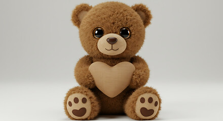Obraz premium A sweet, fluffy brown teddy bear sits upright, lovingly holding a soft beige heart.