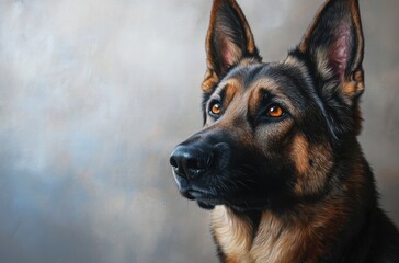 Photorealistic portrait of a German Shepherd dog, sturdy build, glossy dark fur