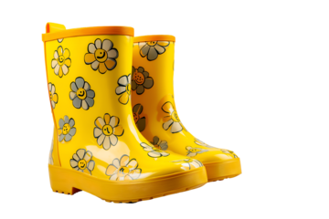 Bright Yellow Rubber Rain Boots with Floral Smiling Face Design