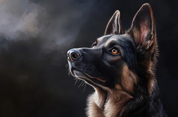 Photorealistic portrait of a German Shepherd dog, sturdy build, glossy dark fur
