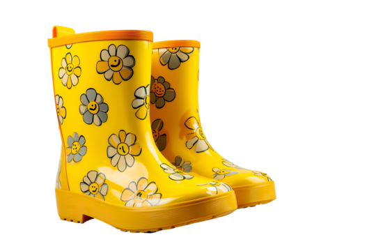 Bright Yellow Rubber Rain Boots with Floral Smiling Face Design