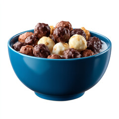 Bowl of mixed chocolate and vanilla cereal balls in milk served in modern blue bowl isolated on transparent background. isolated white background