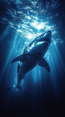 Fototapeta premium Sleek megalodon glides through deep waters, contrasting with a bulky silhouette in the background, embodying elegance and power.