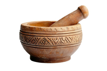 An intricately carved wooden mortar and pestle a timeless tool for grinding spices and herbs rests against a stark black on transparent background