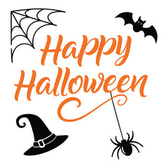 Happy halloween vector graphic featuring spiderweb bat witch hat and spider