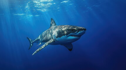 Naklejka premium Sleek megalodon glides through deep waters, contrasting with a bulky silhouette in the background, embodying elegance and power.