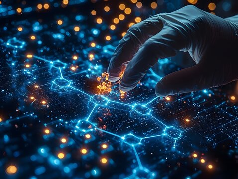 Scientist interacting with a holographic molecular model