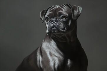 Photorealistic portrait of a muscular Pug, shiny fur, soulful eyes