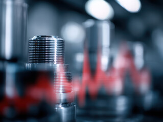 Metallic cylinders with red graph overlay in blurred industrial setting