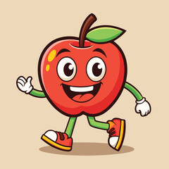 Groovy apple mascot. Funky retro character. cartoon apple, smiling, walking. Funny vintage trendy style character. Doodle Comic collection 