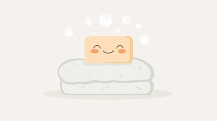 Cute cartoon soap bar on a soap dish with bubbles