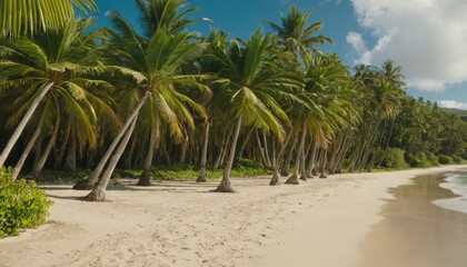 Fototapeta premium Lush Tropical Beach with Leaning Palm Trees on White Sand Under Bright Blue Sky and Scenic Coastal Landscape