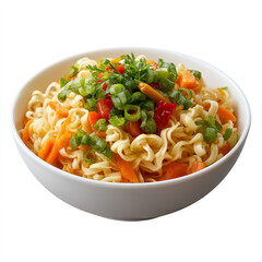 Bowl of cooked instant noodles topped with chopped green onions and diced carrots savory and colorful isolated on transparent background. isolated white background