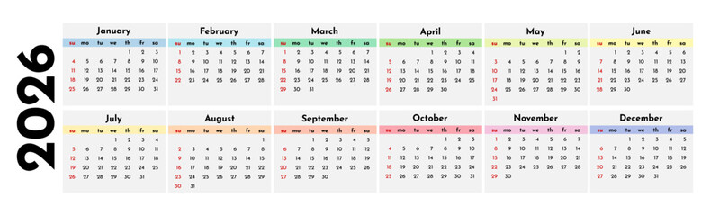 Calendar for 2026 isolated on a white background