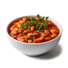 Baked beans in rich tomato sauce served in a white ceramic bowl isolated on transparent background. isolated white background