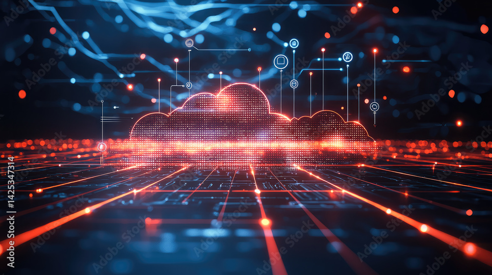 Aufkleber digital cloud with glowing elements represents advanced technology and data connectivity. vibrant colors and intricate patterns evoke sense of innovation and modernity