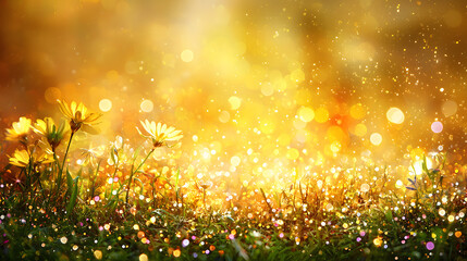 of natural green grass illuminated by soft sunlight with scattered rainbow-colored bokeh dots 