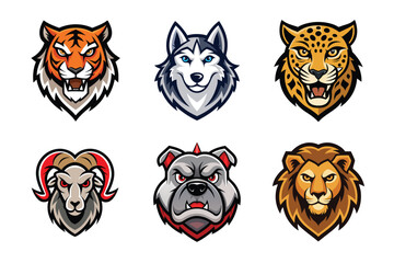 Obraz premium Cartoon Animal Head Logos Tiger, Husky, Leopard, Ram, Bulldog, Lion on White