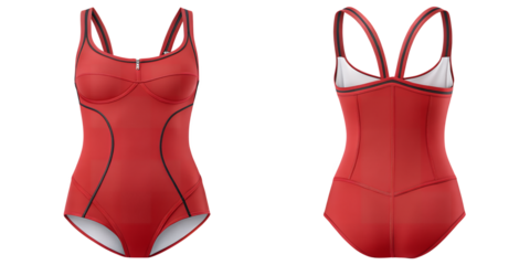 Red One-Piece Swimsuit: A classic red one-piece swimsuit, shown from front and back, features a sleek, streamlined design with subtle contrasting black lines. Perfect for swimming, sunbathing.