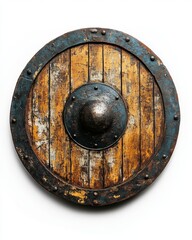 Naklejka premium This vintage shield evokes a sense of history and protection. Crafted from wood and metal, it symbolizes strength and valor. Perfect for themed decor. Generative AI