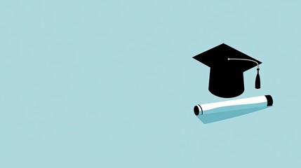 A minimalistic banner featuring a black graduation cap and rolled diploma on a blue background, with ample copy space for a graduation-themed message.