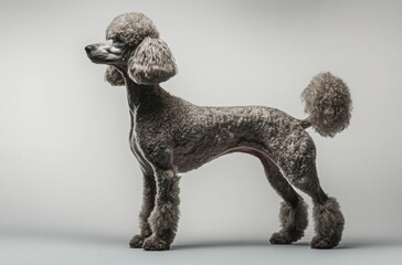 Photorealistic studio shot of a muscular Poodle, shiny coat with sculpted curls