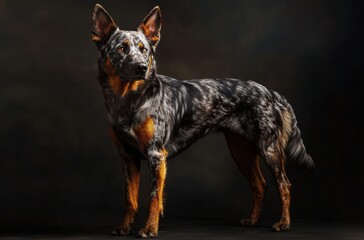 Photorealistic studio shot of a powerful Australian Cattle Dog with a beautifully patterned coat