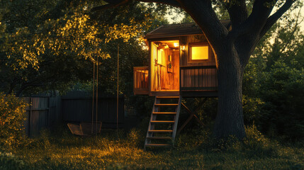 Cozy treehouse illuminated at dusk, surrounded by lush greenery and a swing