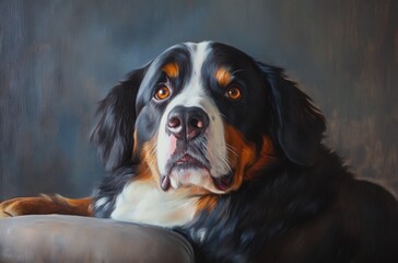 Portrait of a strong Bernese Mountain Dog with intelligent amber eyes, luxurious fur