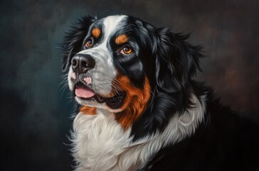 Portrait of a strong Bernese Mountain Dog with intelligent amber eyes, luxurious fur