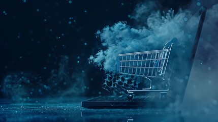 Laptop with shopping cart in smoky cloud