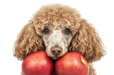 Professional close-up photo of a Poodle with thick shiny curls, alert gaze