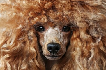 Professional close-up photo of a Poodle with thick shiny curls, alert gaze