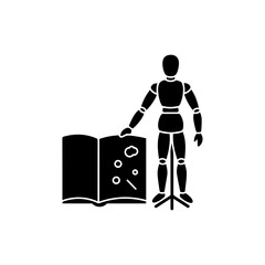 Silhouette of art mannequin beside open sketchbook in black fill style