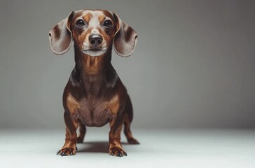 Professional close-up shot of a strong Dachshund standing proudly in a white studio environment