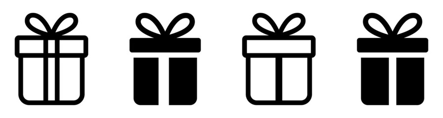 Set of four black gift box icons with ribbon bows in outline and solid styles on white background. Perfect for holiday, birthday, celebration, and festive design projects.