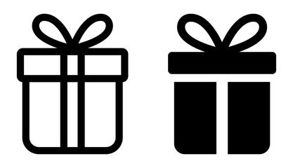 Set of black gift box icons with ribbon bows in outline and solid styles on white background. Perfect for holiday, birthday, celebration, and festive design projects.