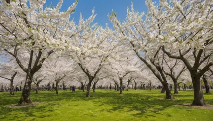 Fototapeta premium Exquisite Cherry Blossom Trees in Full Bloom Under Clear Blue Sky at a Lush Green Park Filled with Nature Lovers