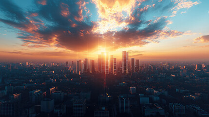 Fototapeta premium breathtaking futuristic city skyline at sunset, showcasing towering skyscrapers illuminated by golden rays. vibrant clouds add depth to scene, creating sense of wonder and tranquility