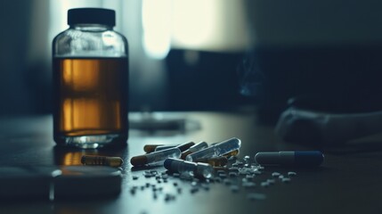 Dramatic Scene Showing Effects of Drug Use with Bottles and Pills