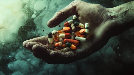 Hand Holding Assorted Colorful Pills Over Dark Background