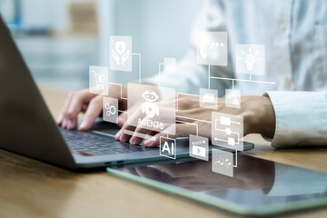 AI Agents Business people use computers that interact with AI to help with tasks such as analysis, content creation, video creation, complex thinking, calculations, etc.