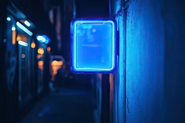 A glowing blue neon sign illuminates a narrow alleyway at night, casting a vibrant light on the surroundings while creating a moody and atmospheric urban scene