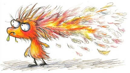 Angry creature spewing autumn leaves in fiery rage.