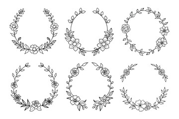 Obraz premium Floral Circle Set, Hand Drawn Flower and Leaves Doodle, Transparent